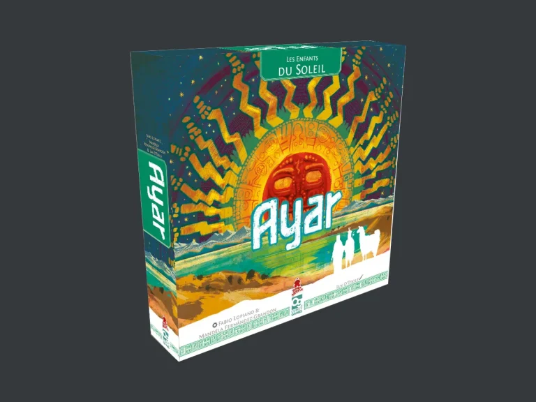 Boîte de la version française d’Ayar : Les Enfants du Soleil, soleil inca rouge au-dessus du lac Titicaca, éditée par Super Meeple