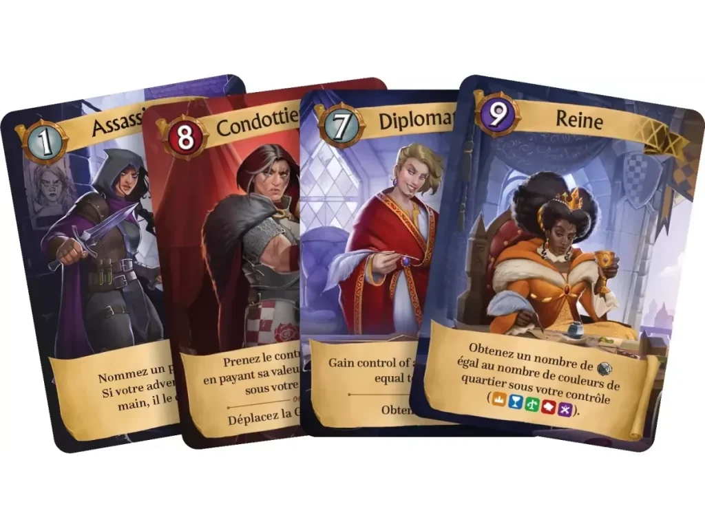 Quatre cartes Personnage de Citadelles Duel en éventail : Assassin, Condottière, Diplomate et Reine