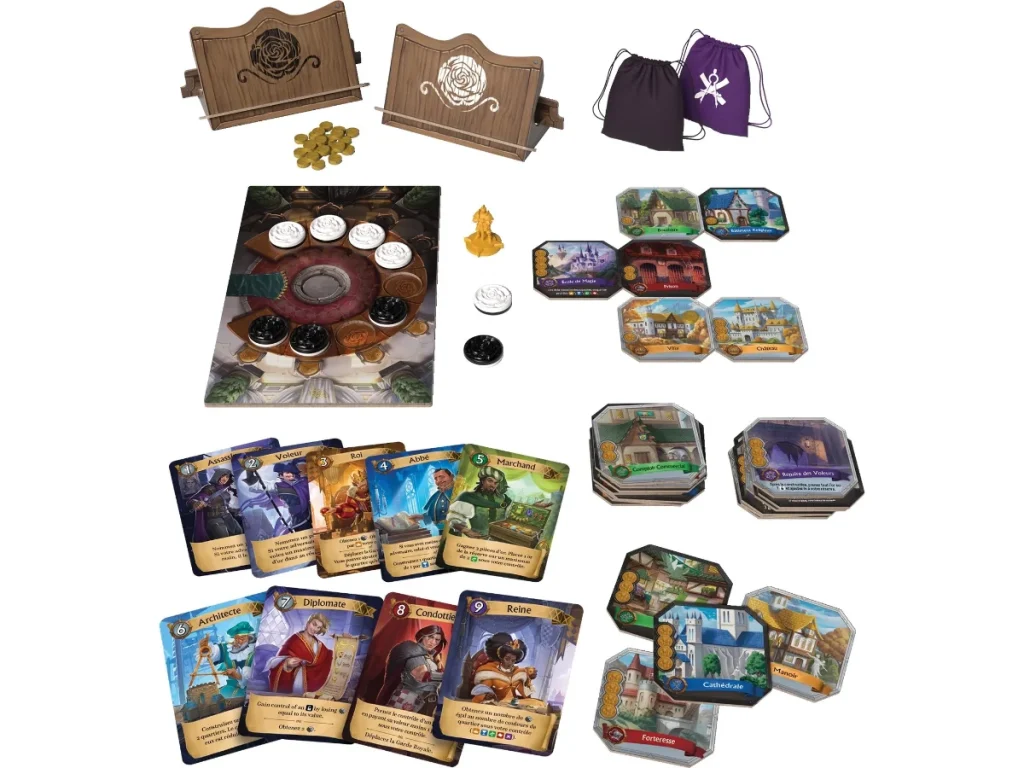 Matériel de Citadelles Duel : supports de tuiles, pièces d’or, sacs, table du conseil avec ses sièges noirs et blancs, Garde Royale, quartiers et cartes Personnage