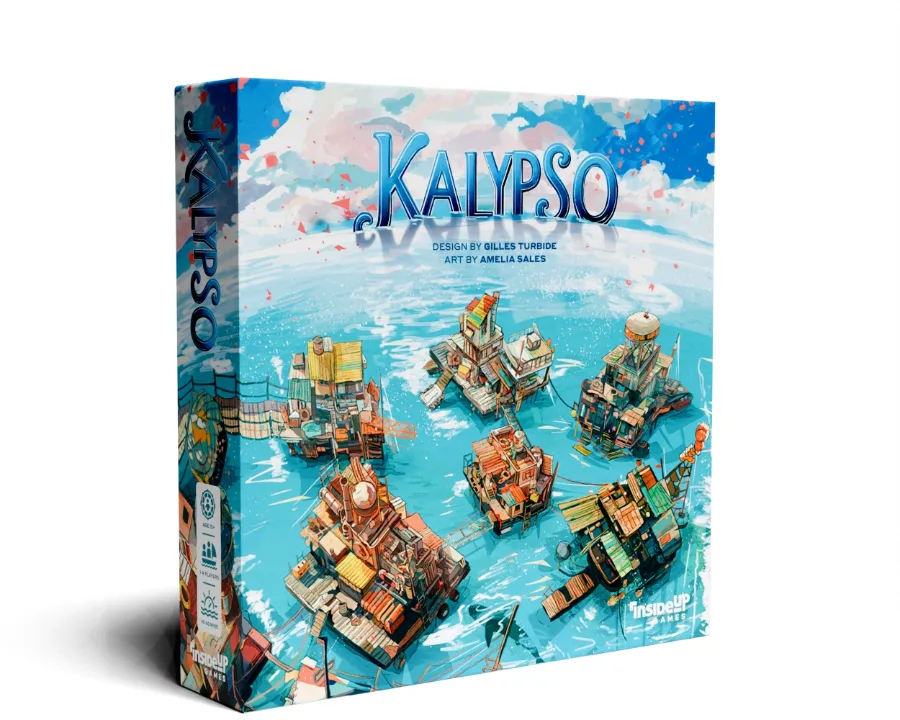 Boîte de Kalypso chez Inside Up Games : des implantations flottantes faites de bric et de broc, reliées par des passerelles sur la mer
