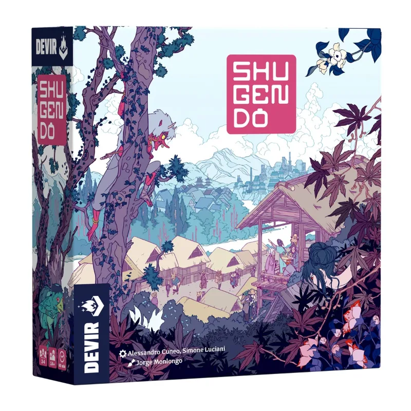 Boîte de Shugendo chez Devir : un village japonais dans la montagne, observé par un yōkai rouge perché dans un arbre