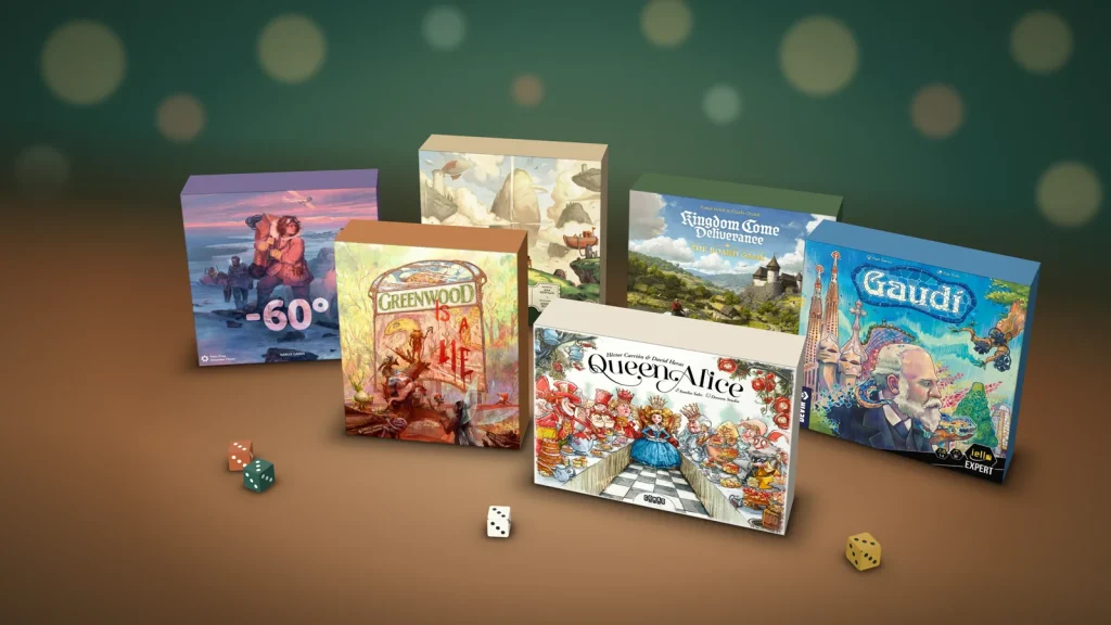 Boîtes de Queen Alice, Greenwood, Gaudí, -60°, Braided Skies et Kingdom Come: Deliverance posées sur une table, six jeux attendus à SPIEL Essen 2026