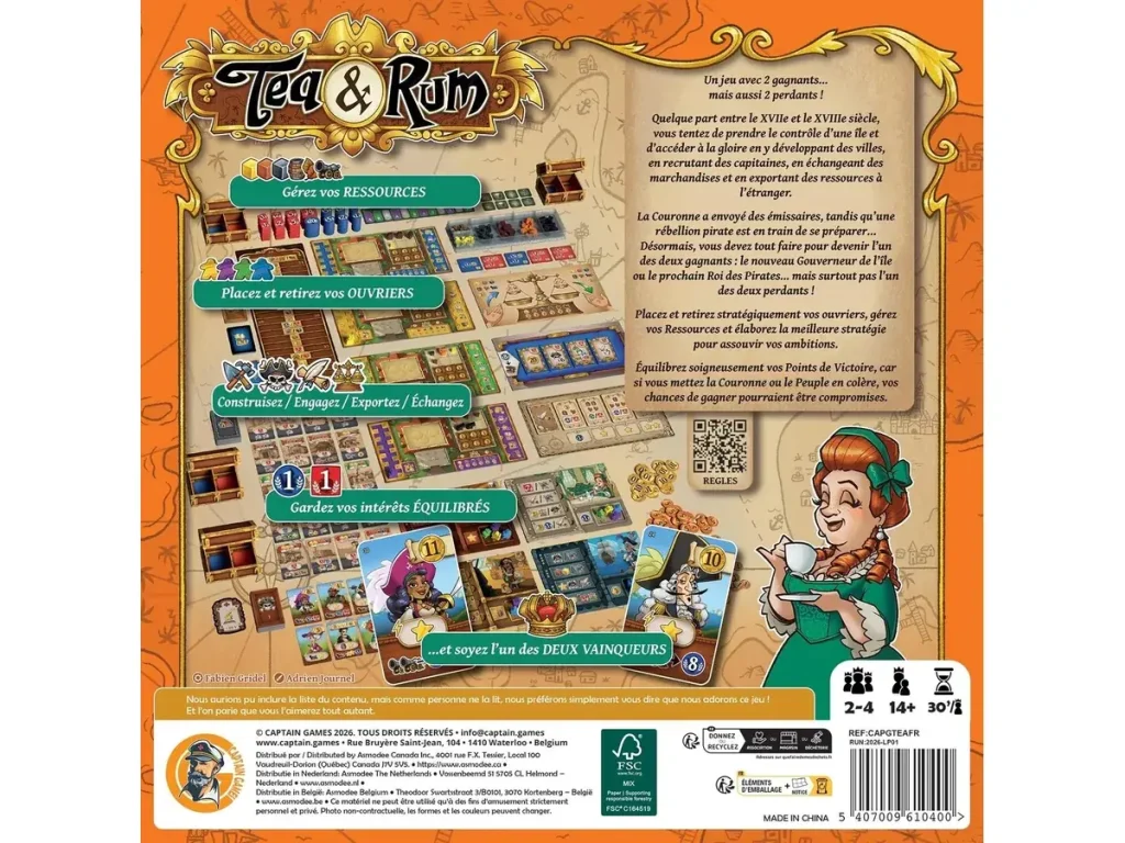 Dos de la boîte de Tea & Rum : gérer ses ressources, placer et retirer ses ouvriers, construire et garder ses scores équilibrés