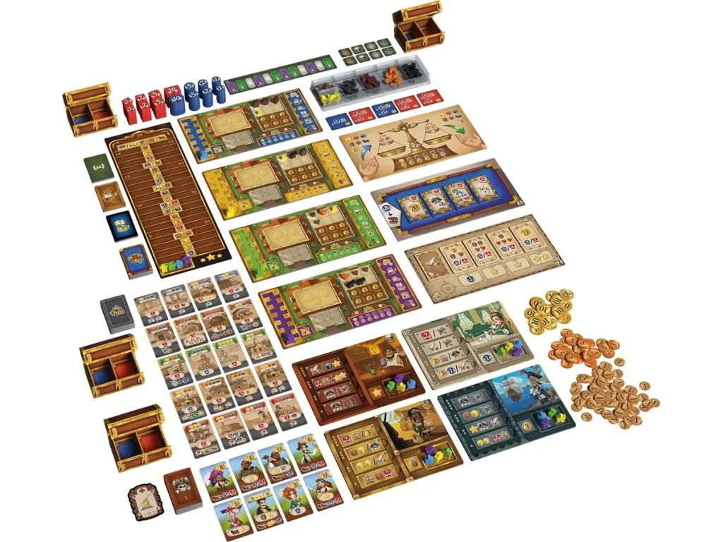 Matériel de Tea & Rum étalé : plateaux des lieux et des joueurs, coffres, ouvriers, cartes et pièces